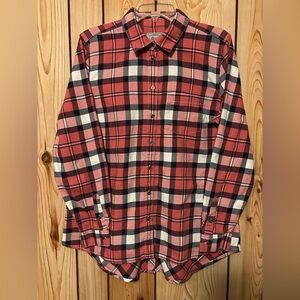 GH Bass Women’s Button Down Shirt L Red Black White Plaid Cotton Flannel Pocket